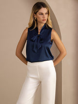 [Azul Oscuro] SilkSilky-ES Sleeveless Tie Neck Top de tirantes 004
