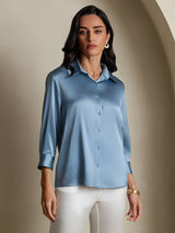 [Azul Grisáceo] SilkSilky-ES 3/4 Sleeve Lapel Collar Blusas de Mujer 004
