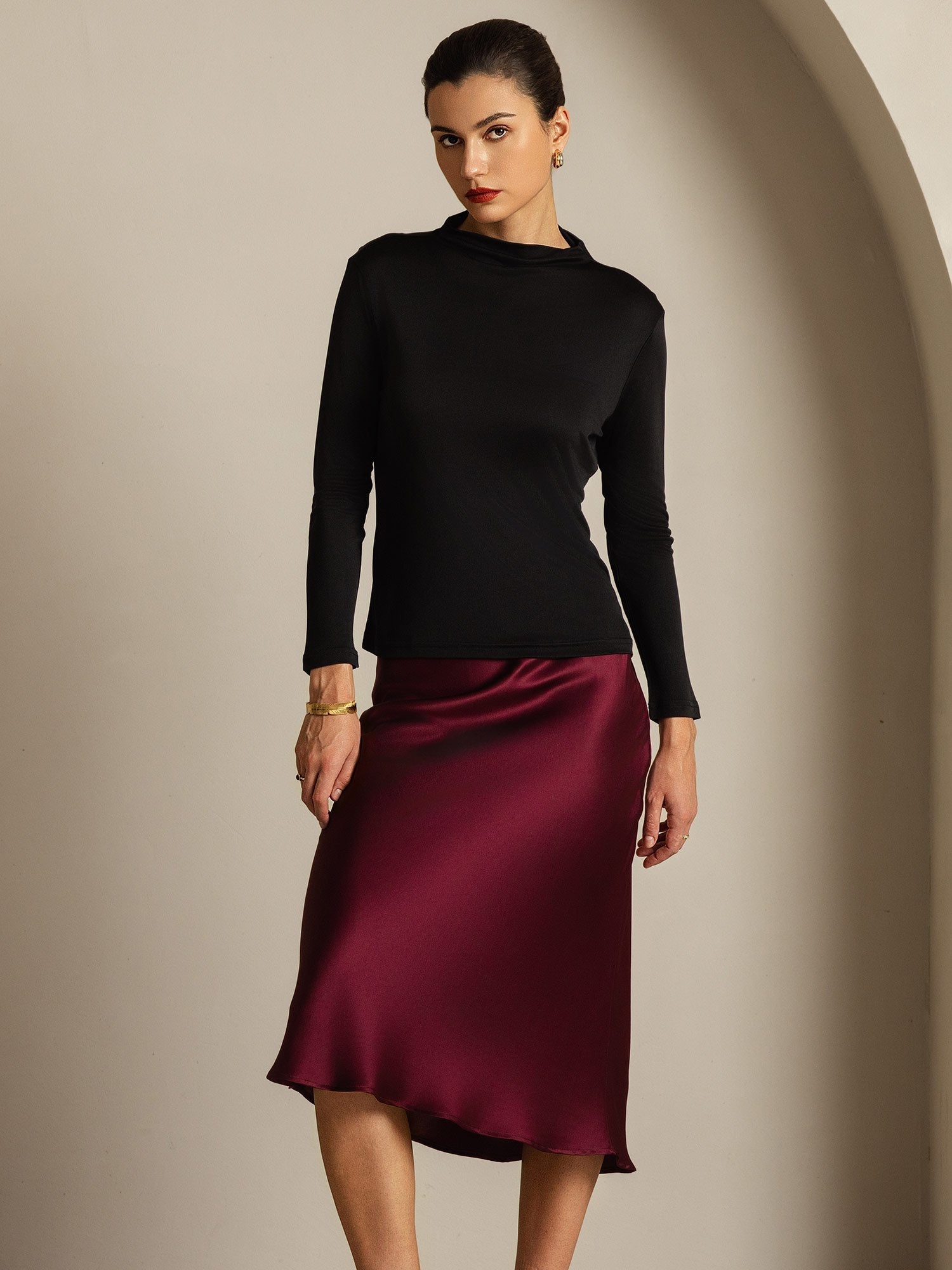 [Negro] SilkSilky-ES Seda Pura Womens T-Shirt 006