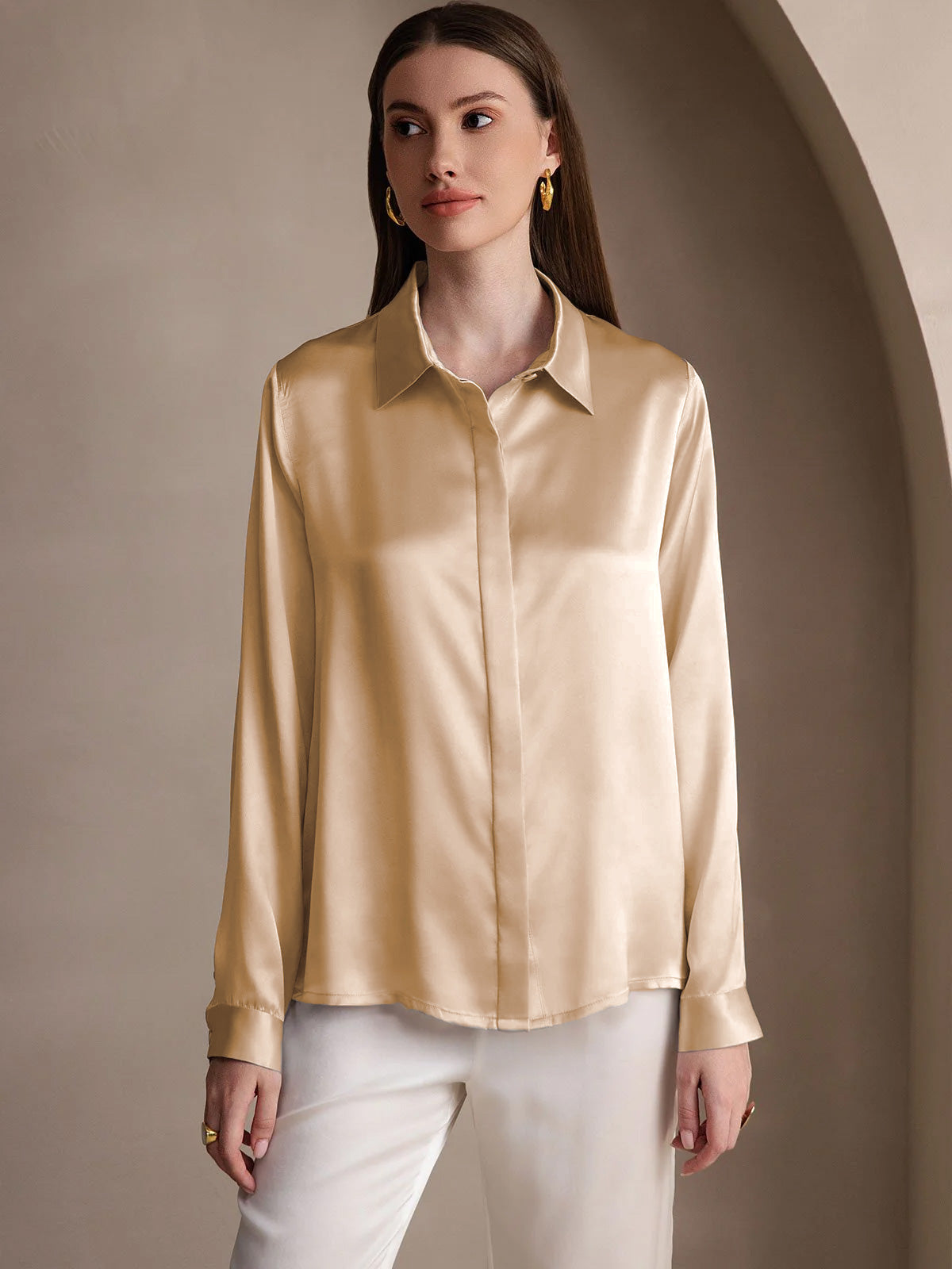 [Champán] SilkSilky-ES 19Momme Seda Lapel Collar Blusas de Mujer 004