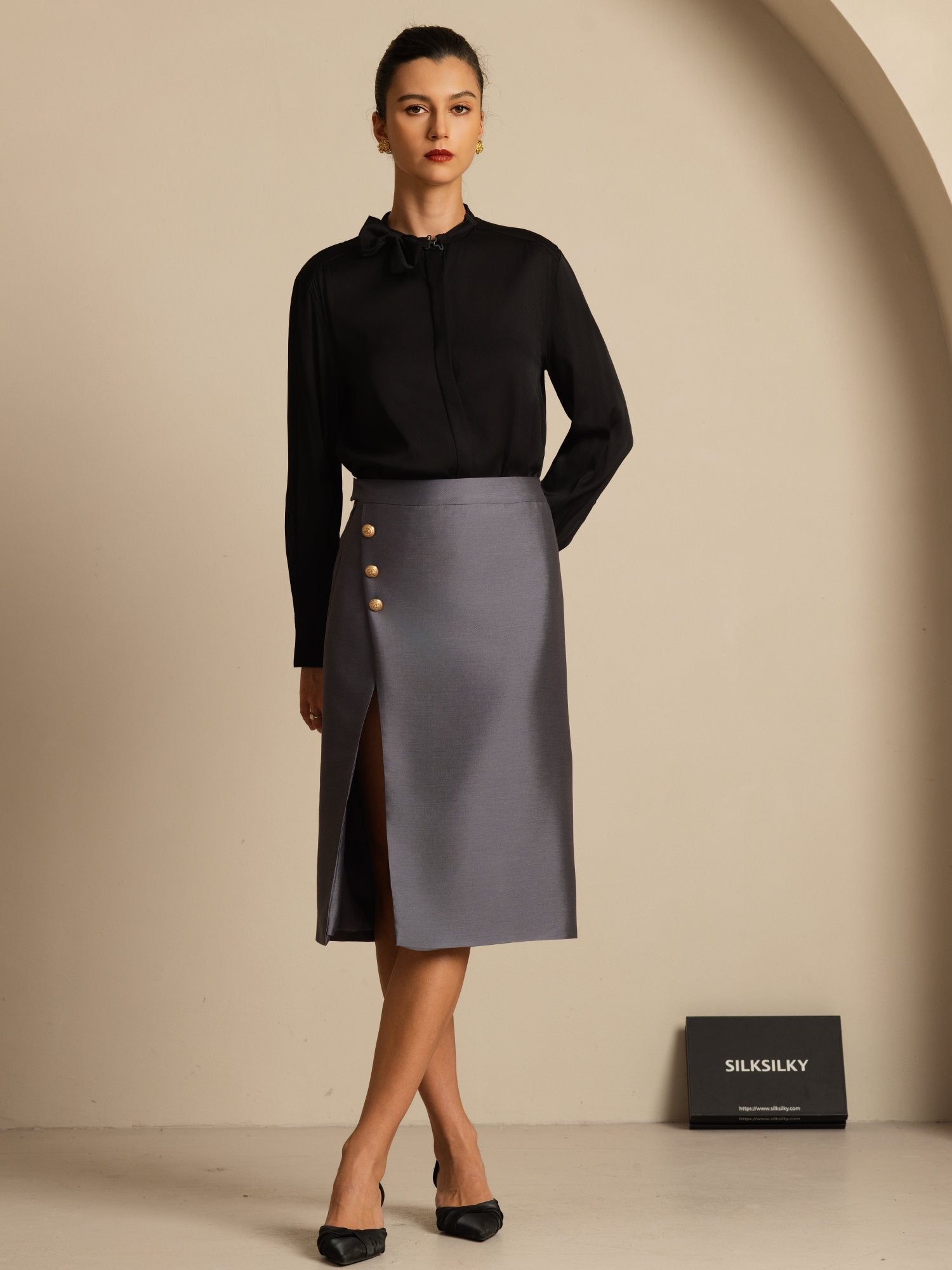 [Negro] SilkSilky-ES 19Momme Seda Manga larga Cuello Alto Blusa 007