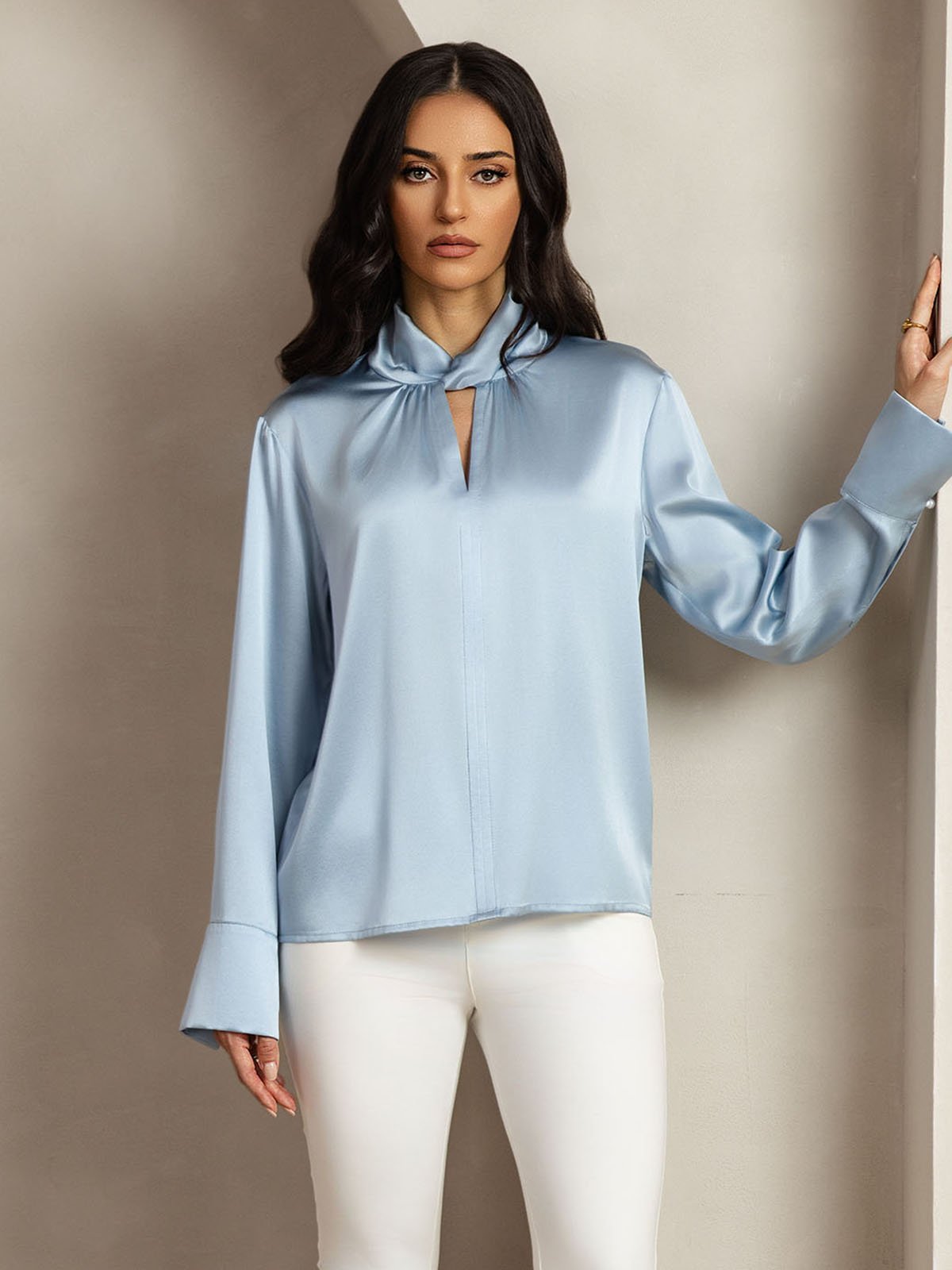 [Azul Grisáceo] SilkSilky-ES 19Momme Seda Escote lágrima Blusas de Mujer 009