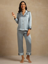 [Azul Grisáceo] SilkSilky-ES Long Sleeve Lapel Collar Pijamas de mujer 007