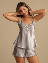[Gris Claro] SilkSilky-ES Spaghetti Strap V Neck Conjunto de tirantes 006