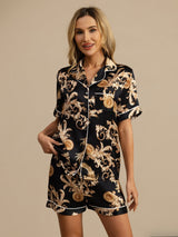 [Dragón Negro] SilkSilky-ES Short Sleeve Lapel Collar Pijamas de mujer 001