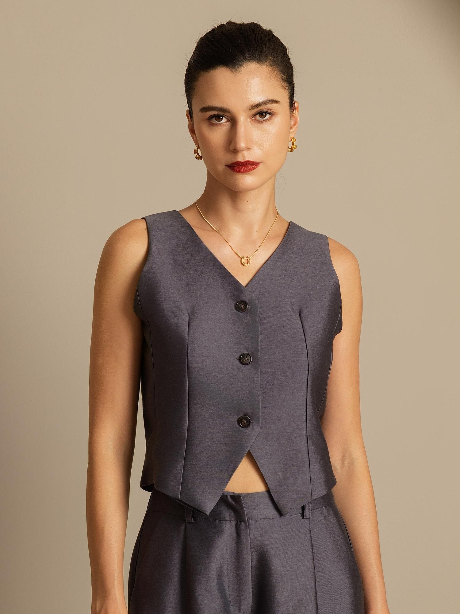 [Gris] SilkSilky-ES 32Momme Silk-Wool Blend Cuello en V Chaleco Mujer 003,