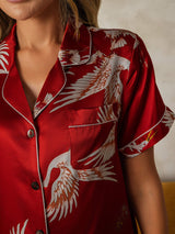[Rojo Oscuro] SilkSilky-ES Short Sleeve Lapel Collar Pijamas de mujer 004