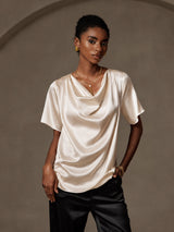 [Beige] SilkSilky-ES Short Sleeve Cowl Neck Blusas 001