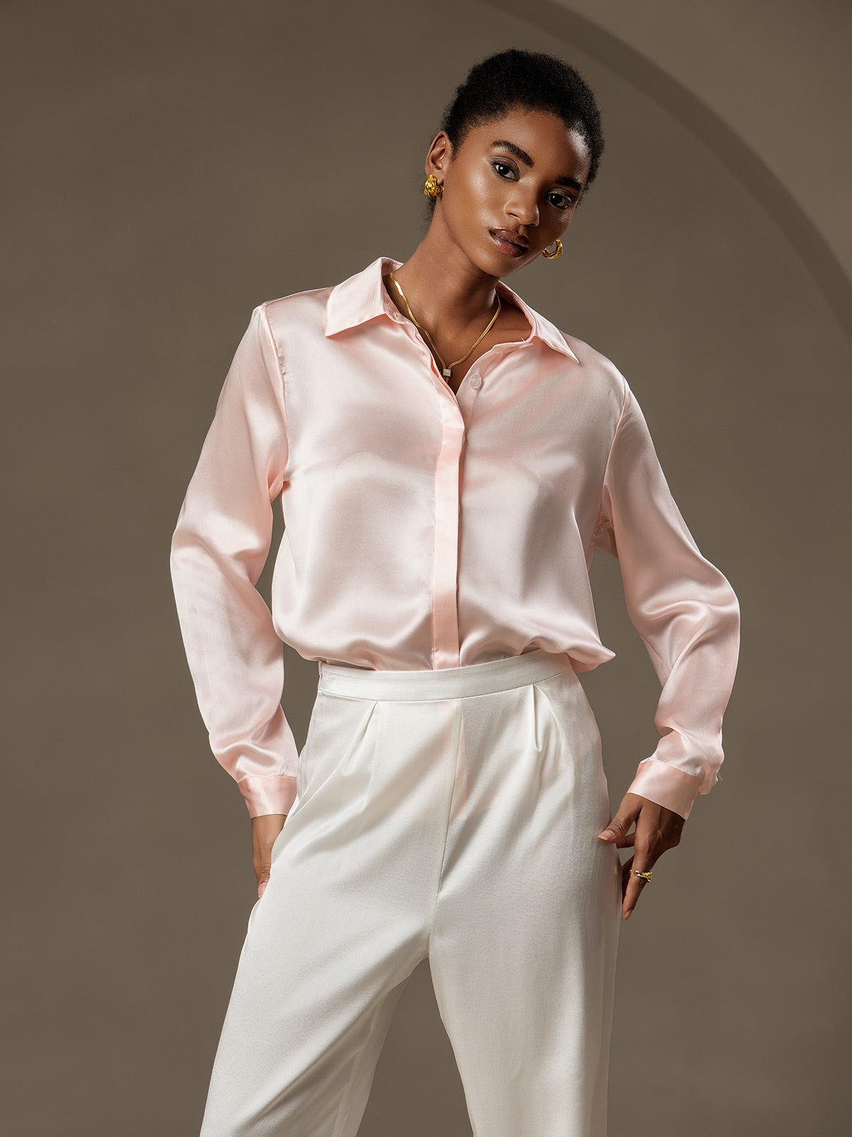 [Rosa] SilkSilky-ES 19Momme Seda Cuello Camisero Blusas de Mujer 004