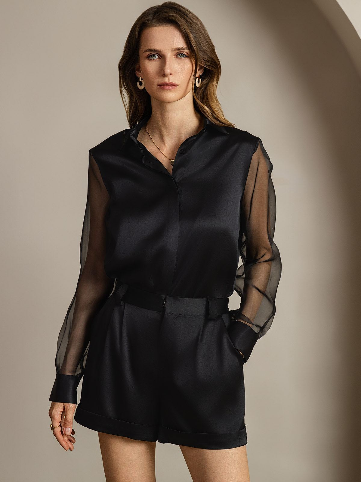 [Negro] SilkSilky-ES 19Momme Seda Lapel Collar Blusas de Mujer 005