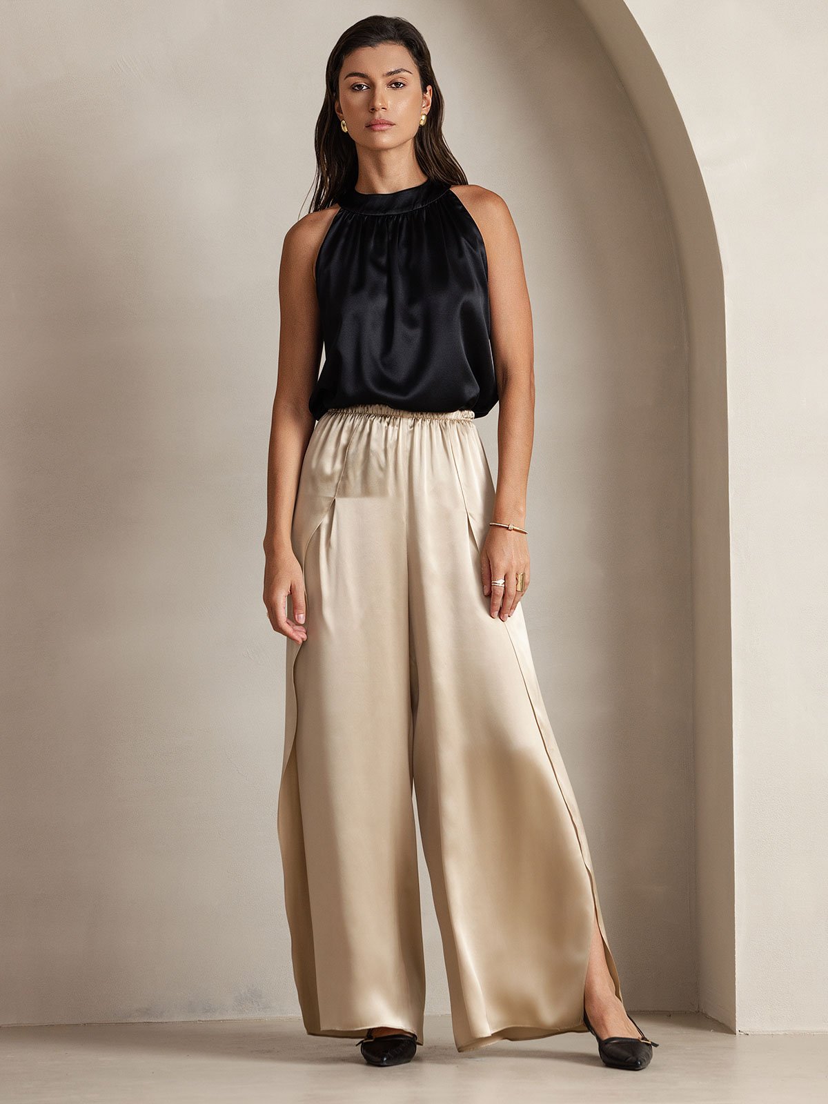 [Negro] SilkSilky-ES 19Momme Seda Sin mangas Womens T-Shirt 006