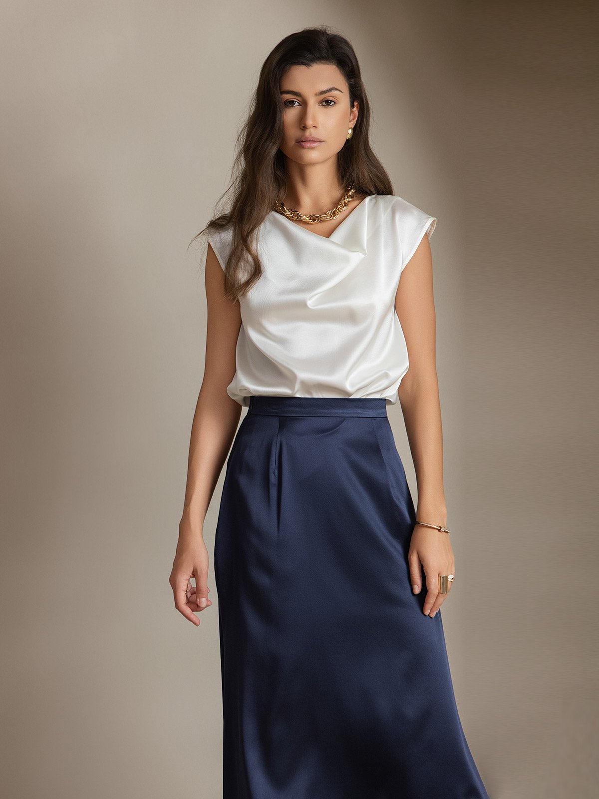 [Blanco] SilkSilky-ES 19Momme Seda Escote Caído Camisetas de Mujer 008