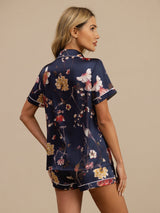 [Floral Azul Marino] SilkSilky-ES Manga corta Cuello de Muesca Pijamas de mujer 002