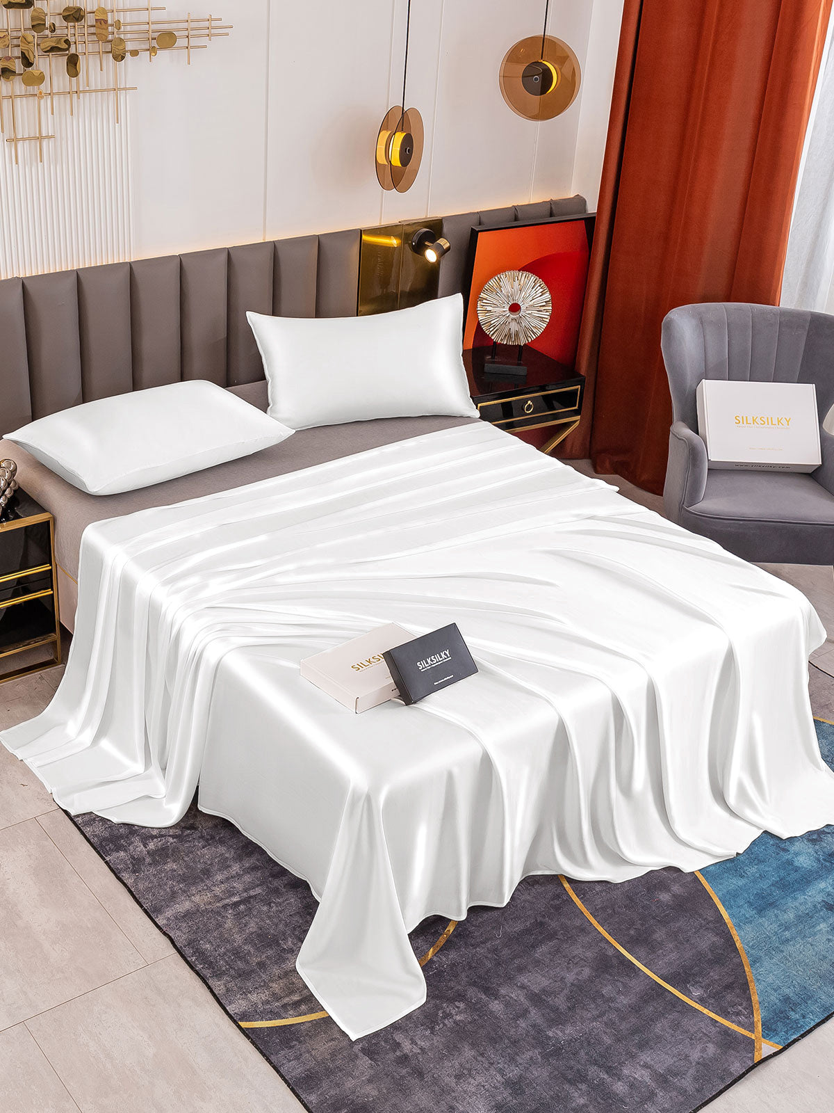 SilkSilky ES 19Momme Seda Pura Bedding Set Blanco 001