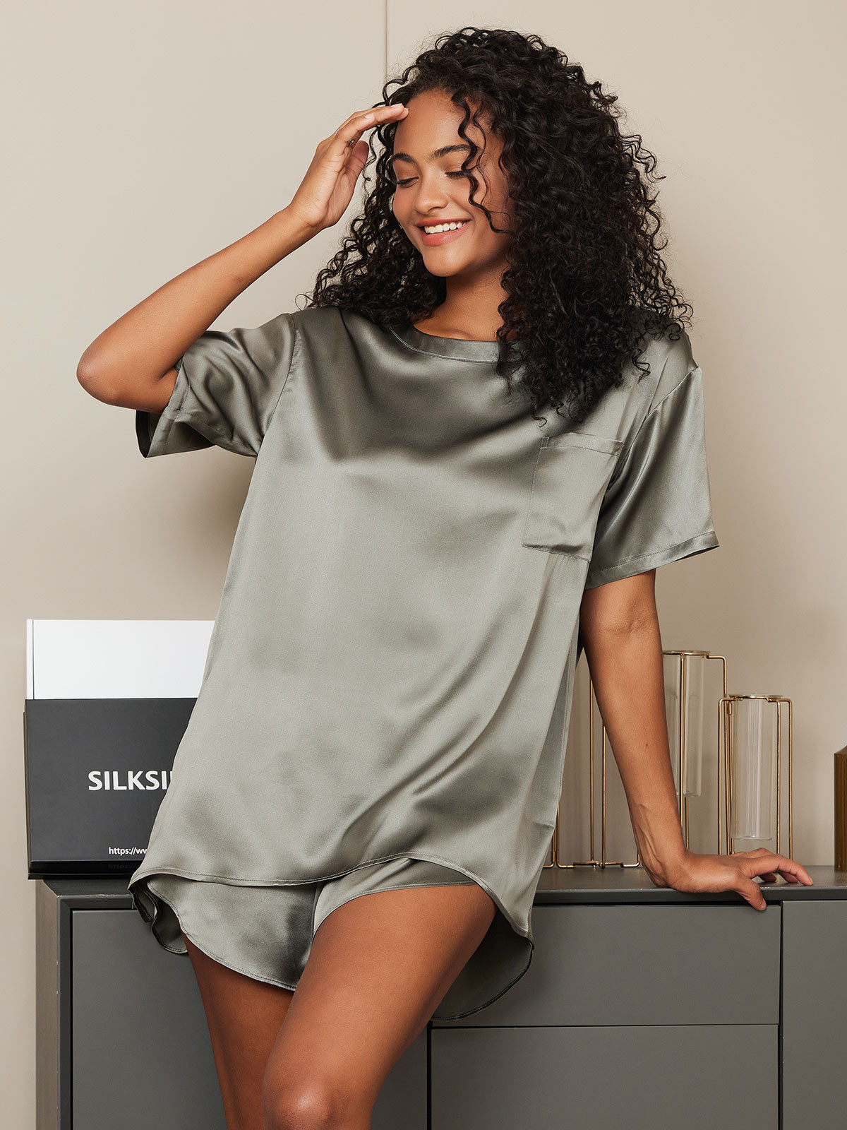 [Verde Grisáceo] SilkSilky-ES Seda Pura Womens Pajamas 001