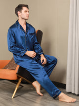 [Azul Oscuro] SilkSilky-ES Long Sleeve Lapel Collar Pijamas de hombre 003