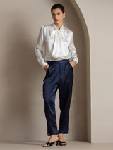 [Blanco] SilkSilky-ES Long Sleeve Tie Neck Blusas 006