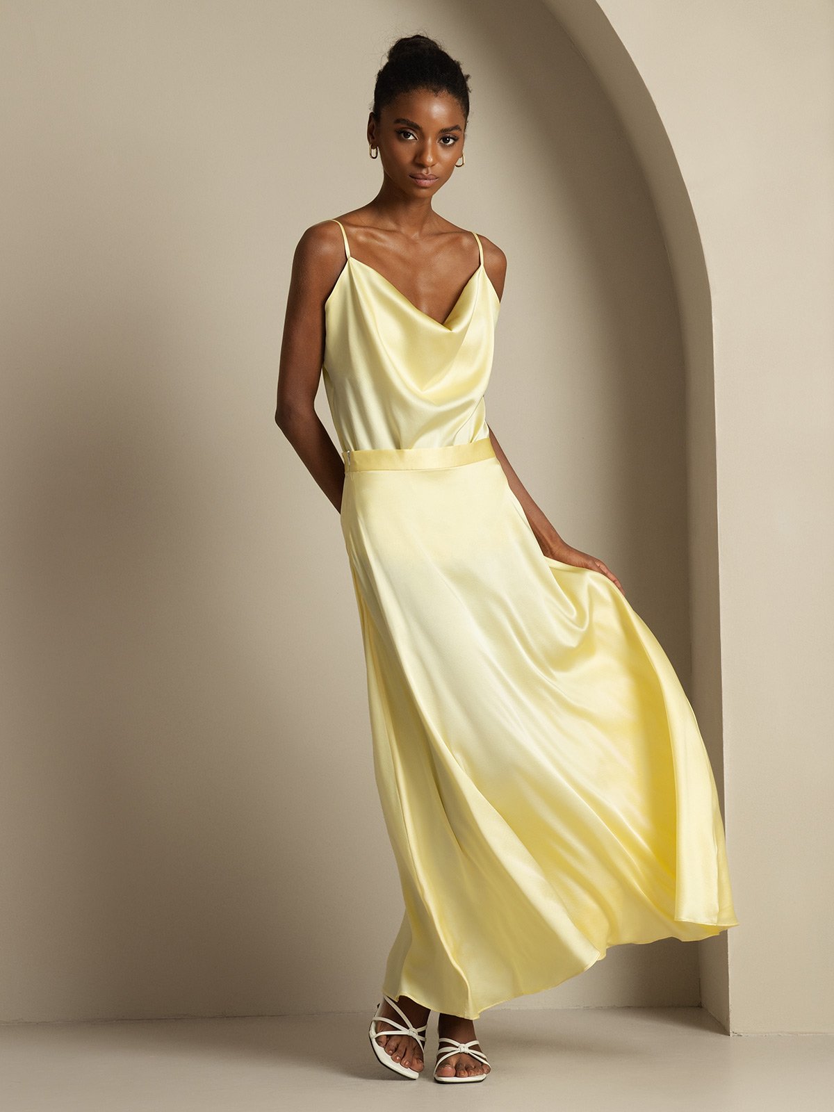[Amarillo Claro] SilkSilky-ES 19Momme Seda Cuello Camisero Women''s Outfit Sets 006,