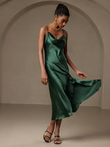 [Verde Oscuro] SilkSilky-ES Spalline Sottili Cuello Drapeado Vestido 006