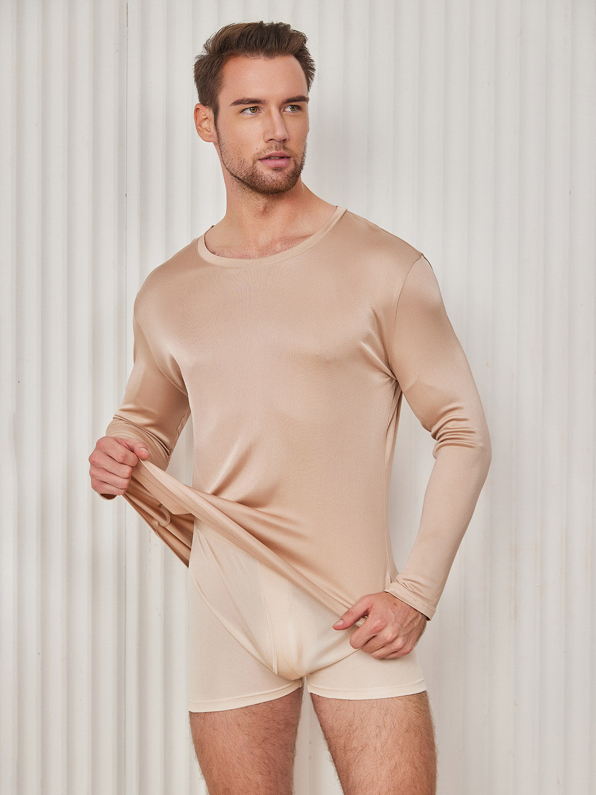 [Beige] SilkSilky-ES Manga larga Cuello Redondo Camiseta de hombre 003