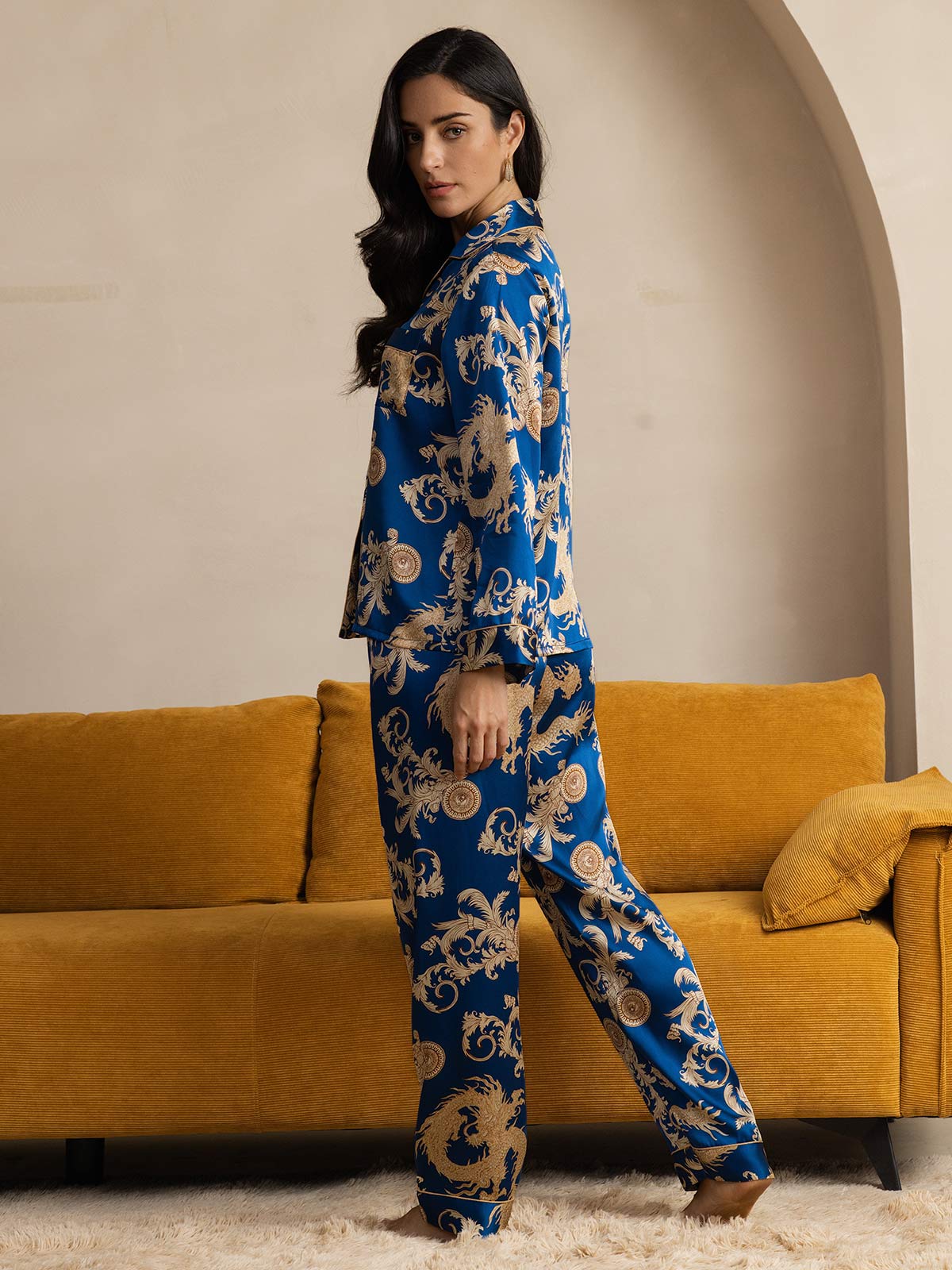[Dragón Navy] SilkSilky-ES Seda Pura Womens Pajamas 002