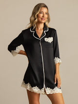 [Negro] SilkSilky-ES Seda Pura Cuello Camisero Camisas de dormir 008