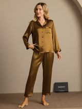 [Marrón] SilkSilky-ES Long Sleeve Lapel Collar Pijamas de mujer 004