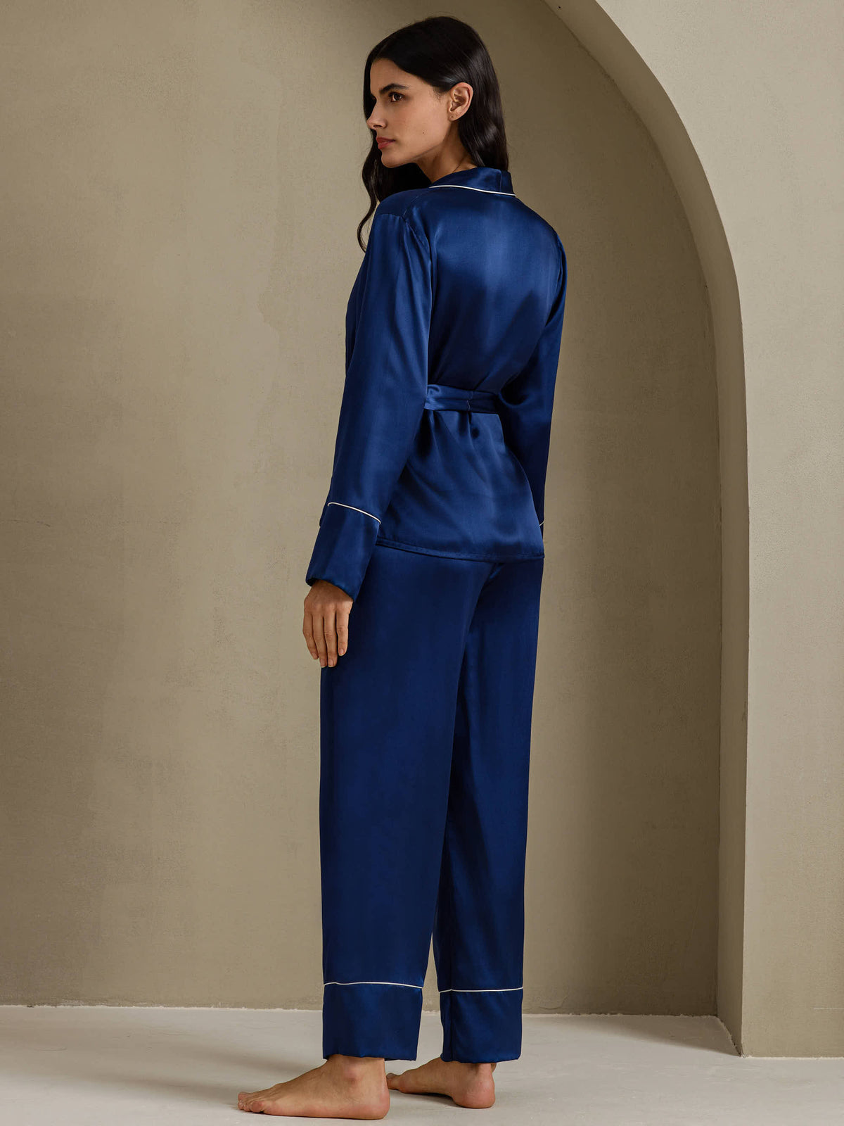 [Azul Oscuro] SilkSilky-ES Long Sleeve Shawl Collar Pijamas de mujer 002