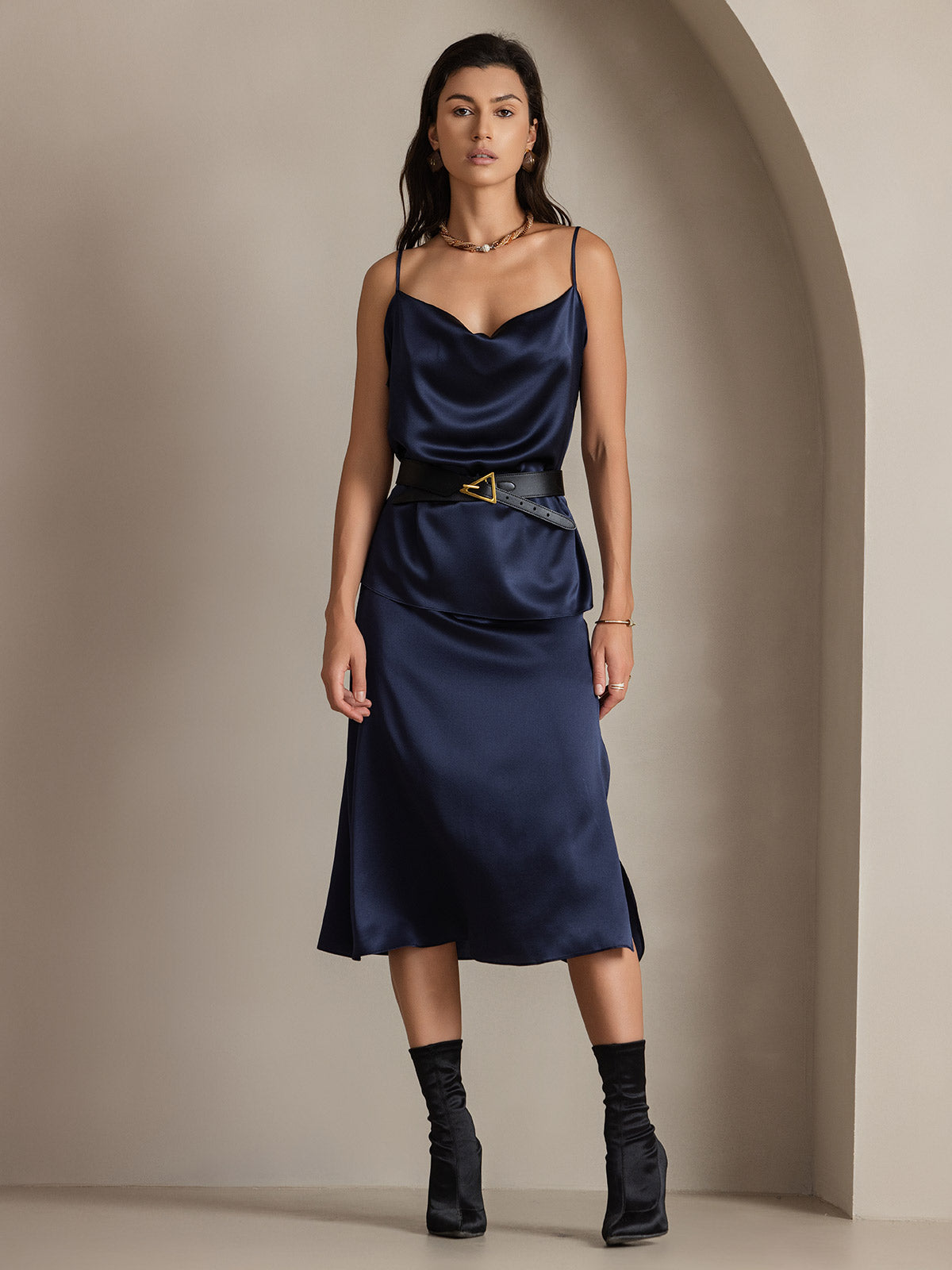 [Azul Oscuro] SilkSilky-ES 19Momme Seda Skirt 005