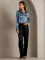 [Verde Azulado Real] SilkSilky-ES Long Sleeve Lapel Collar Blusas de Mujer 005