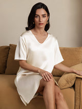 [Beige] SilkSilky-ES Half Sleeve V Neck Camisón 006