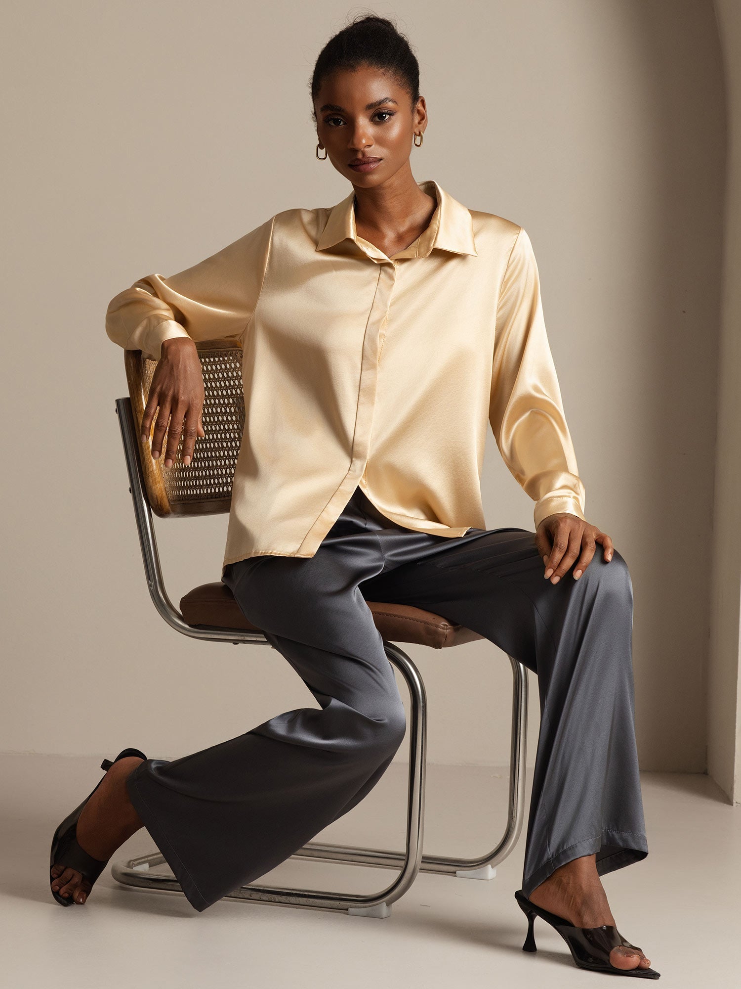 [Champán] SilkSilky-ES 19Momme Seda Manga larga Cuello Camisero Blusas de Mujer 009