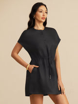 [Negro] SilkSilky-ES 18Momme Manga Casquillo Cuello Henley Vestido 001