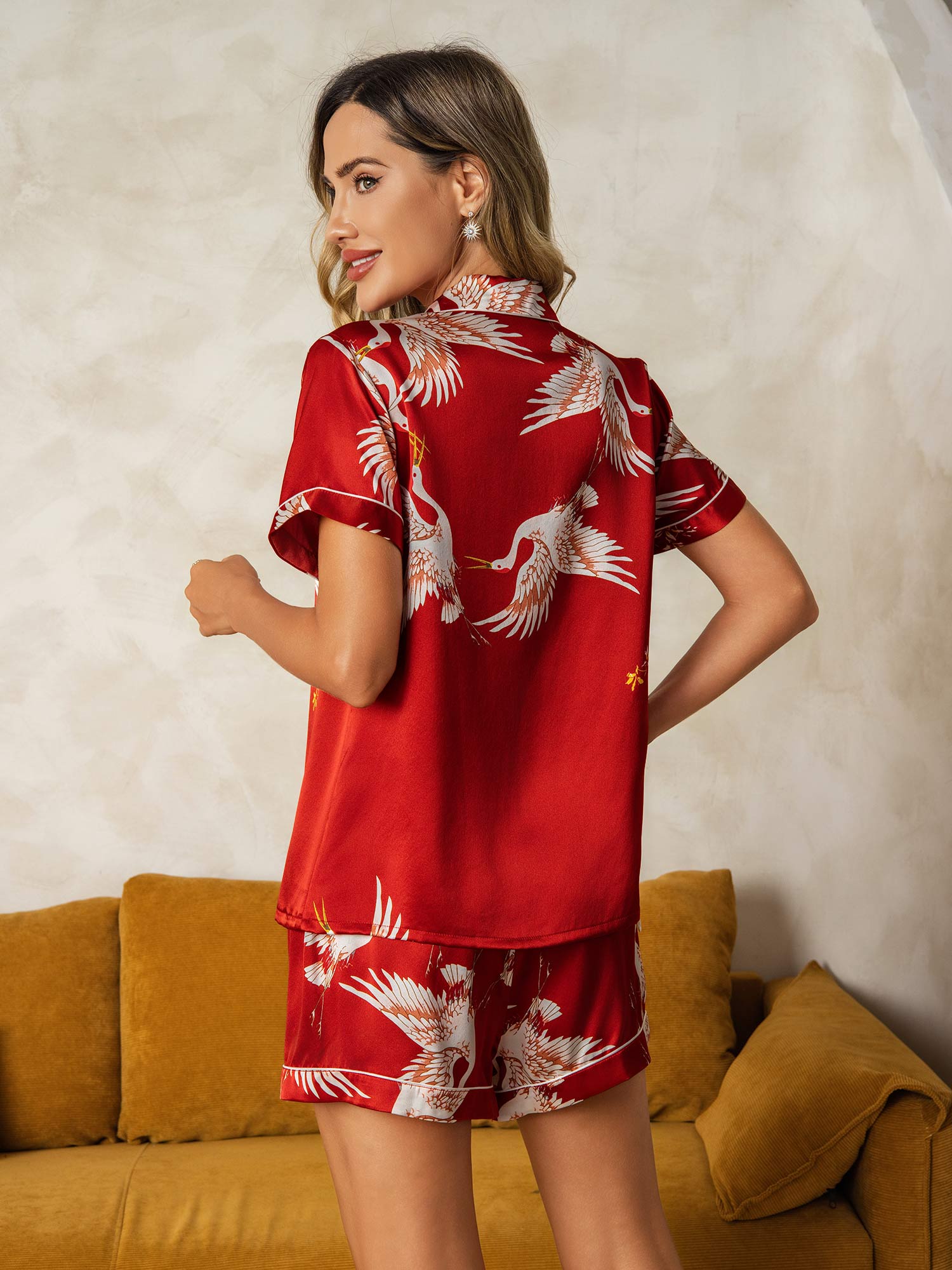 [Rojo Oscuro] SilkSilky-ES 19Momme Seda Pura Manga corta Womens Pajamas 002