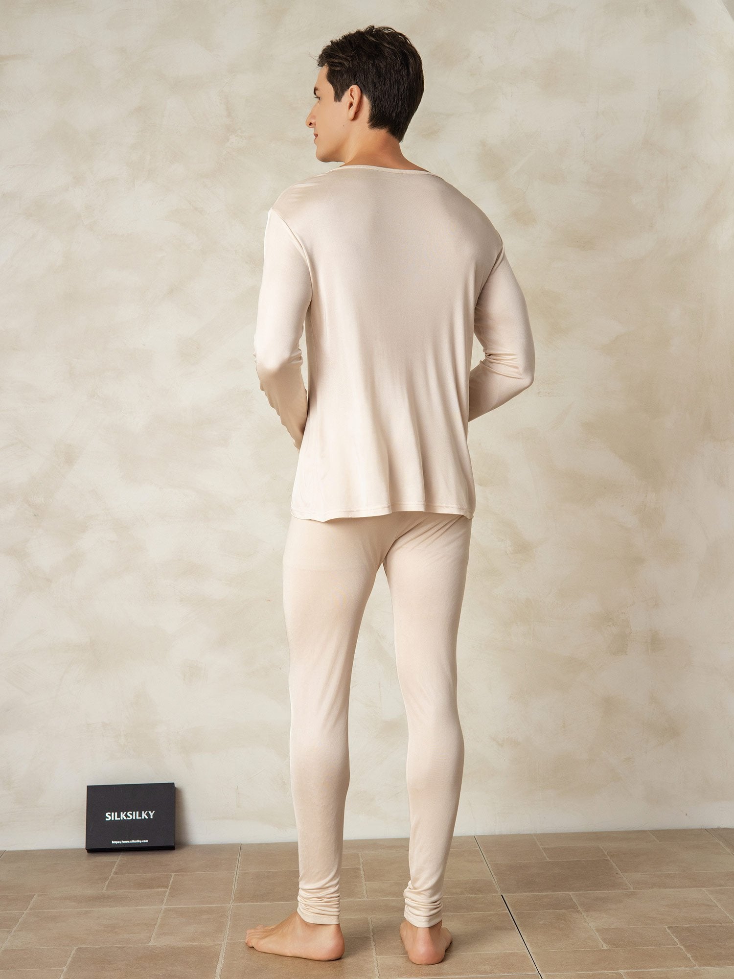 [MarrónClaro] SilkSilky-ES Seda Mens Pajamas 002
