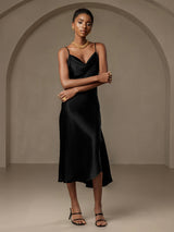 [Negro] SilkSilky-ES Spalline Sottili Cuello Drapeado Vestido 004