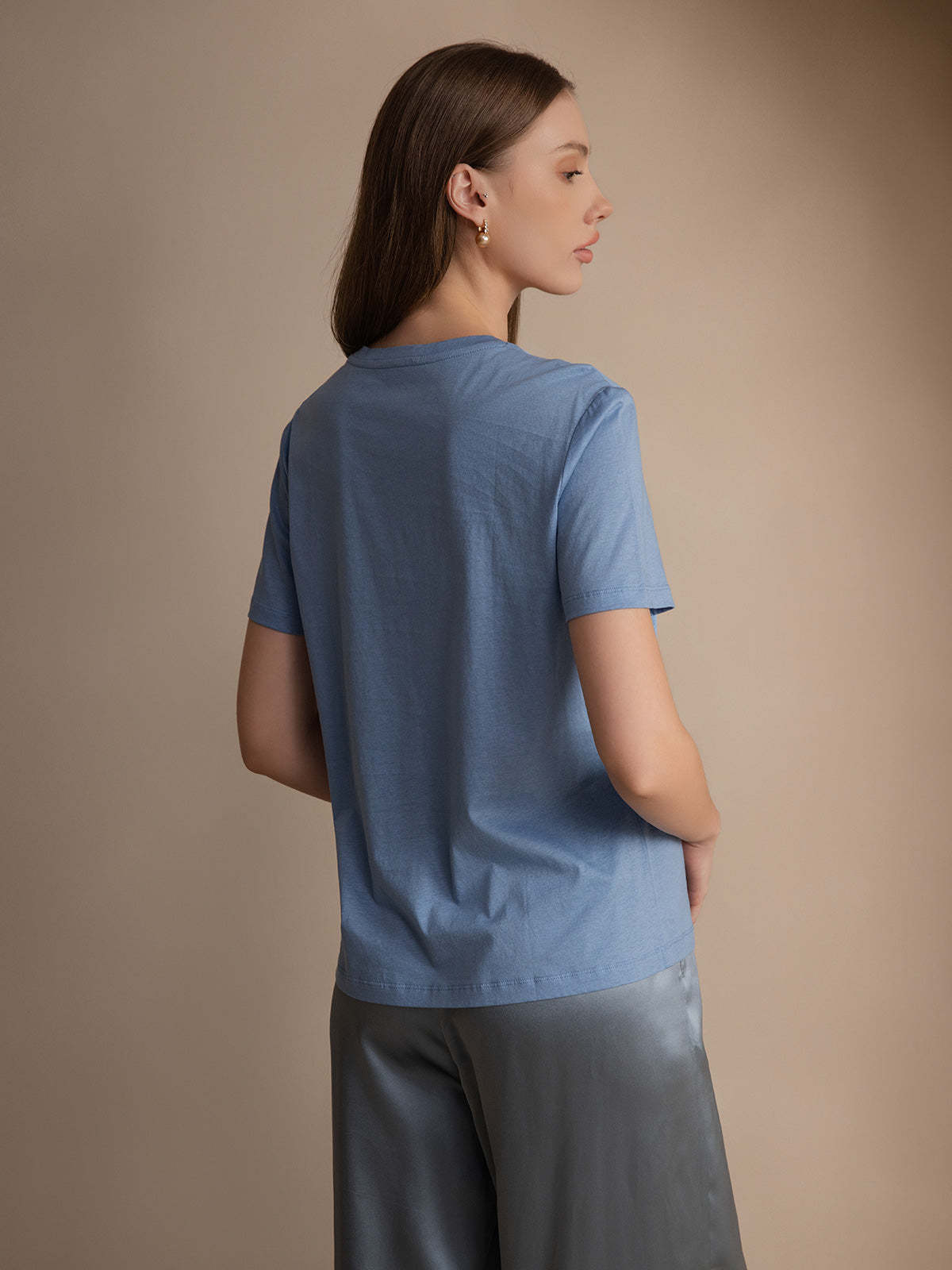 [Azul] SilkSilky-ES Tejido de seda Manga corta Round Neck Camisetas de Mujer 002