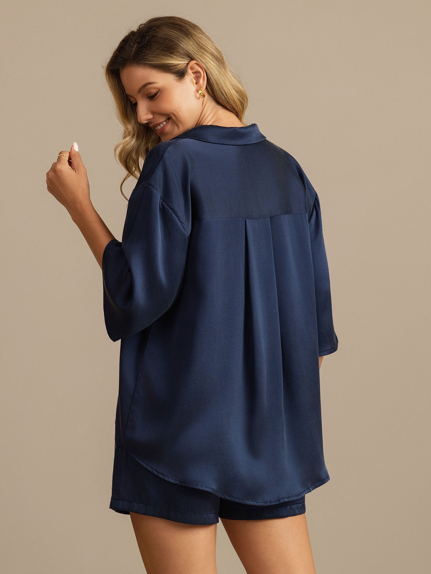 [Azul Oscuro] SilkSilky-ES 19Momme Seda Pura Cuello Camisero Pijamas de mujer 002,