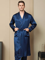 [Azul Oscuro] SilkSilky-ES Seda Pura Manga larga Solapa Bata de hombre 001