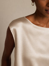 [Beige] SilkSilky-ES Cap Sleeve Round Neck Camisetas de Mujer 005