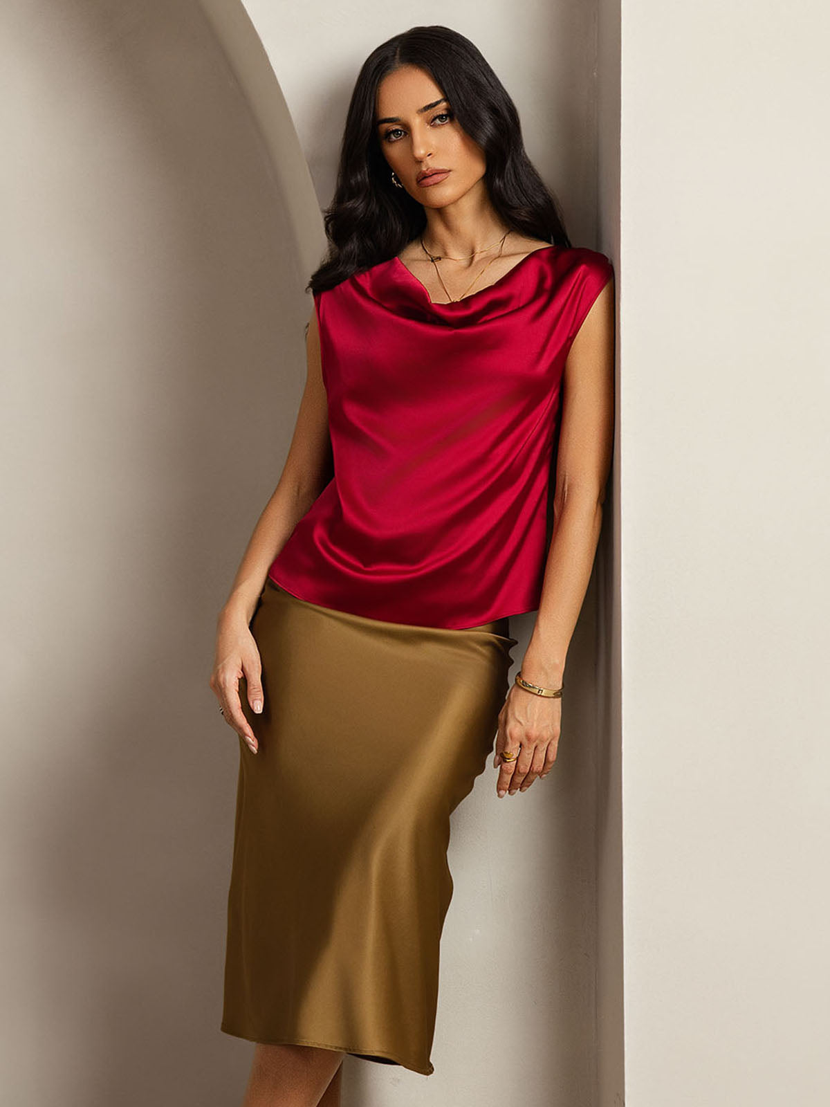 [Vino] SilkSilky-ES 19Momme Seda Escote Caído Camisetas de Mujer 001