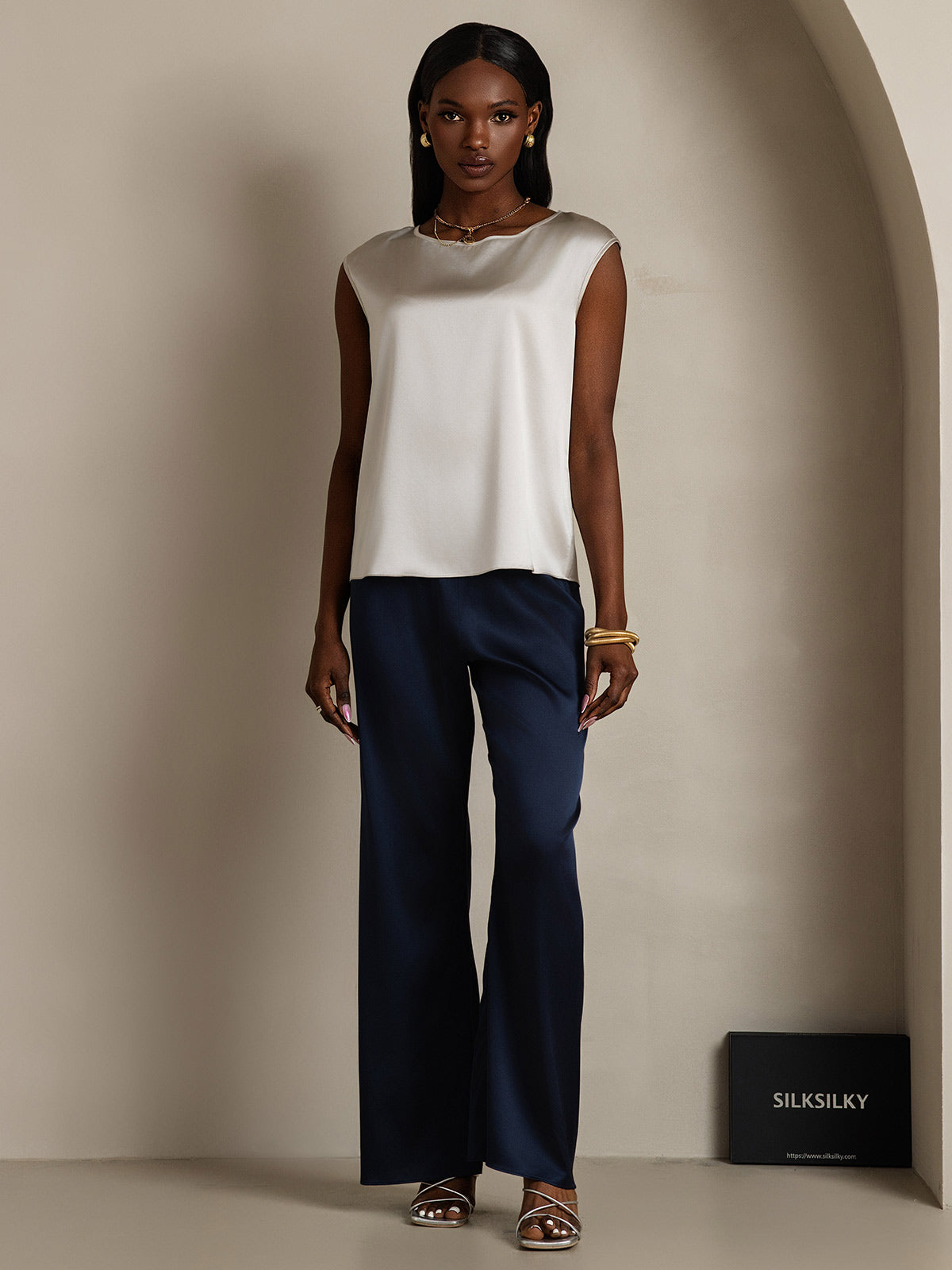 [Gris Claro] SilkSilky-ES 19Momme Seda Womens T-Shirt 005