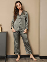 [Verde Grisáceo] SilkSilky-ES Seda Pura Manga larga Womens Pajamas 004