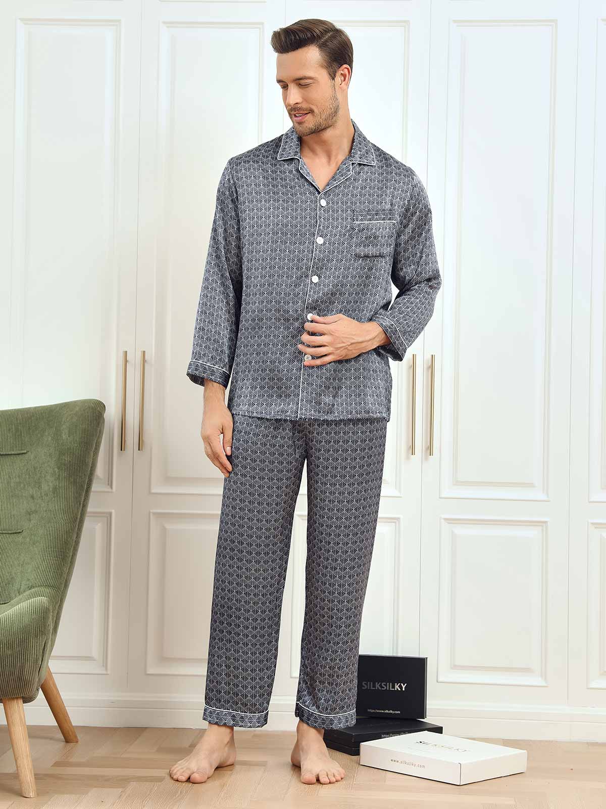 [Ginkgo Azul Marino] SilkSilky-ES 19Momme Seda Pura Mens Pajamas 004