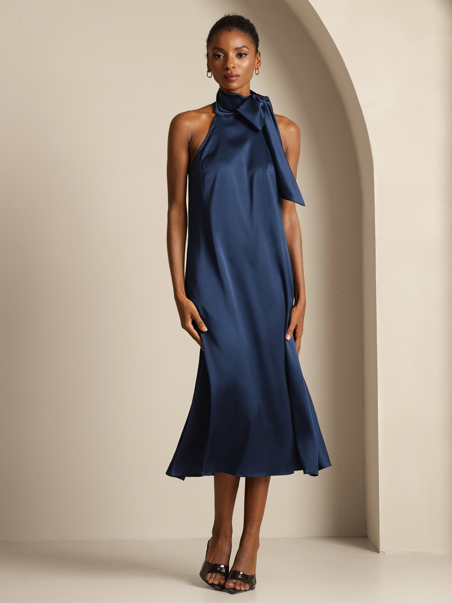 [Azul Oscuro] SilkSilky-ES Sleeveless Halter Vestido 001
