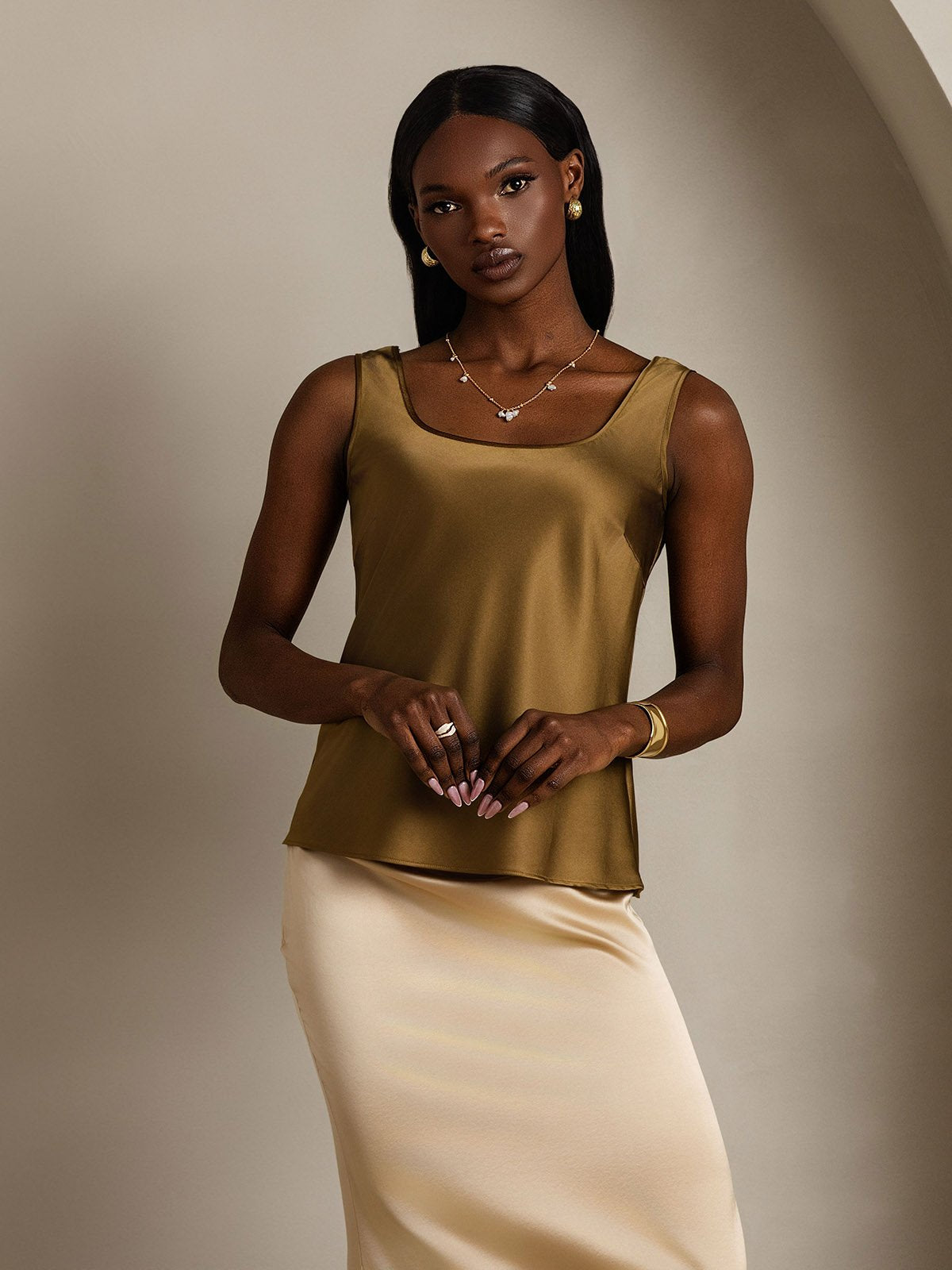 [Marrón] SilkSilky-ES 19Momme Seda Cuello en U Top de tirantes 006