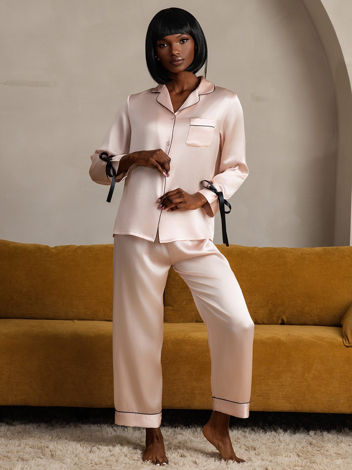 [Rosa] SilkSilky-ES Seda Pura Manga larga Solapa Pijamas de mujer 003