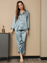 [Azul Acero] SilkSilky-ES Long Sleeve Lapel Collar Pijamas de mujer 001