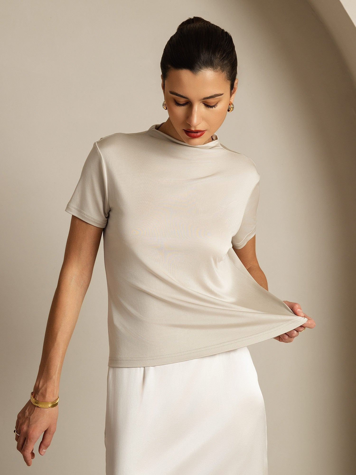 [Gris] SilkSilky-ES Seda Pura Cuello Camisero Camisetas de Mujer 003