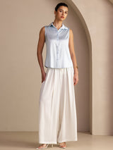 [Azul Claro] SilkSilky-ES Sleeveless Lapel Collar Blusas de Mujer 005